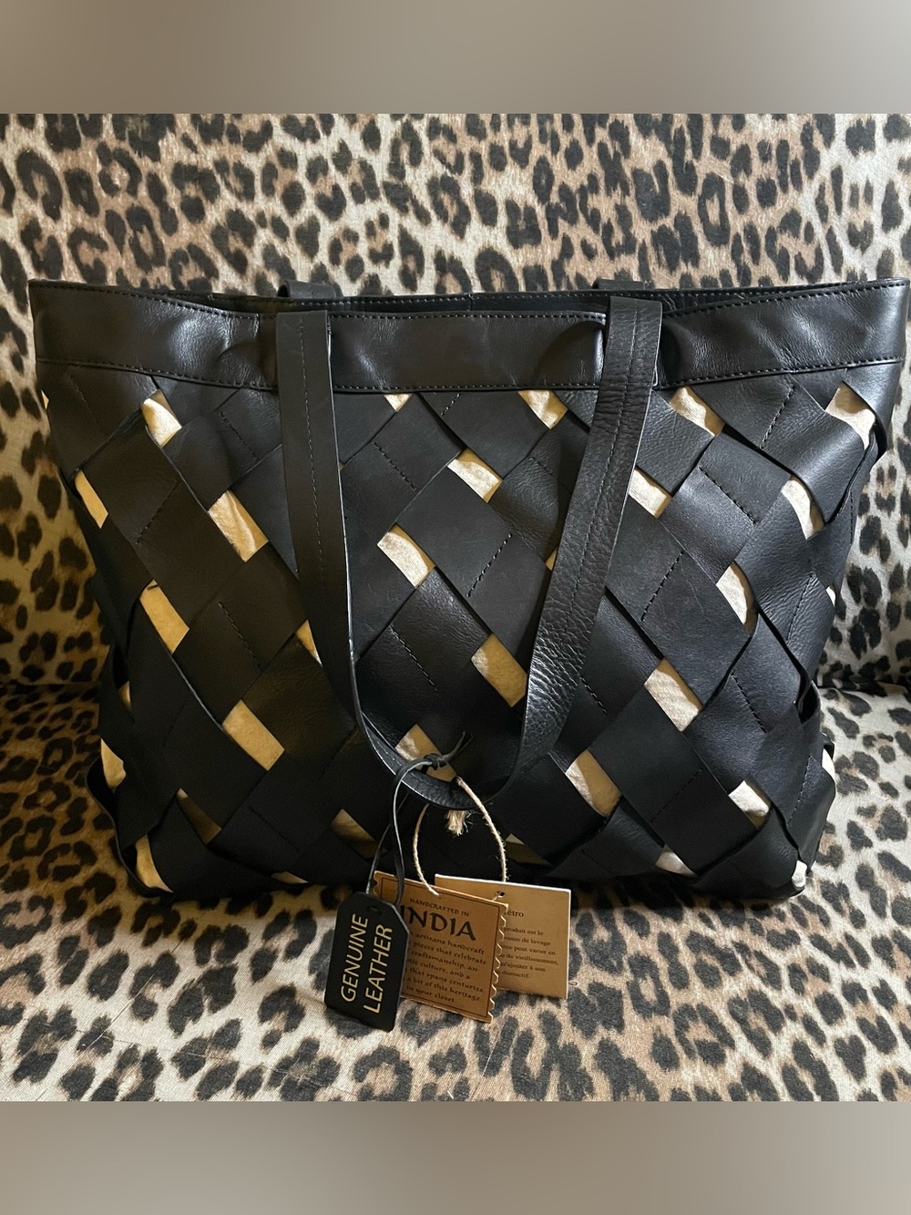 Woven leather and fabric tote bag